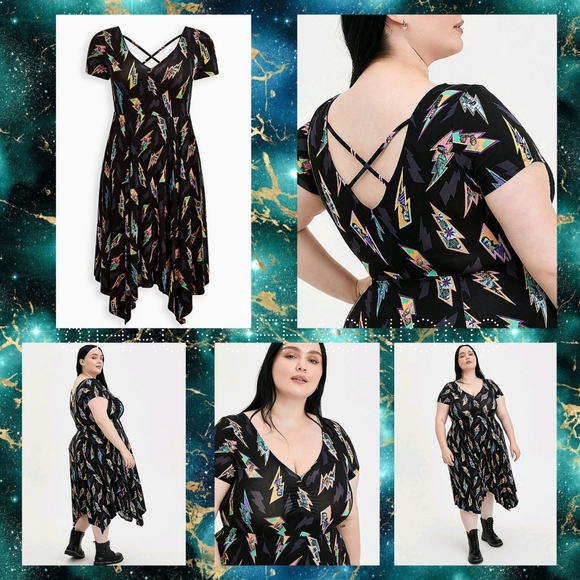 TORRID Universal Montsers Super Soft Strappy Back Handkerchief Hem Dress! NWT! - Picture 2 of 6